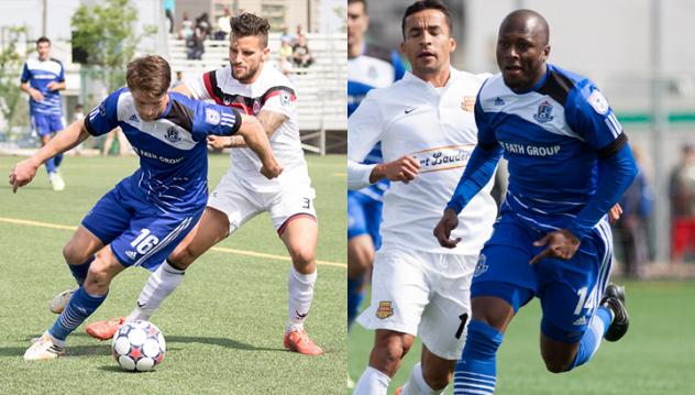 Daryl Fordyce and Sainey Nyassi of FC Edmonton
