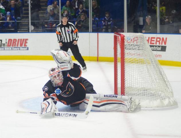 Lehigh Valley Phantoms Goaltender Anthony Stolarz with a Glove Save