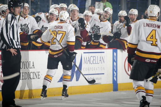 Jordan Caron Congratulated by the Chicago Wolves Bench vs. the Manitoba Moose