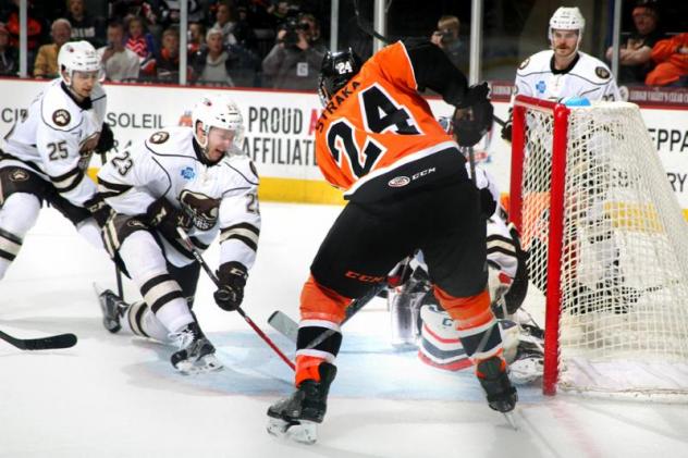 Lehigh Valley Phantoms Right Wing Petr Straka Shoots vs. the Hershey Bears