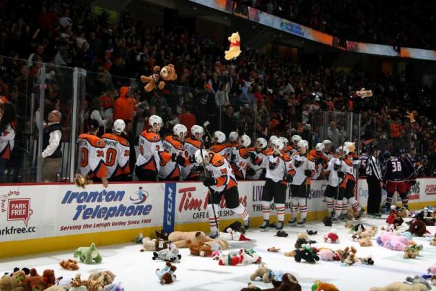 Lehigh Valley Phantoms Bench Watches Teddy Bears Rain Down