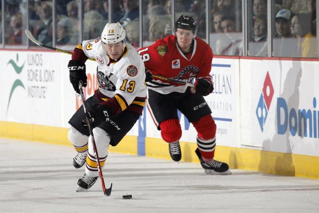 Chicago Wolves F Evan Trupp Controls the Puck vs. the Rockford IceHogs