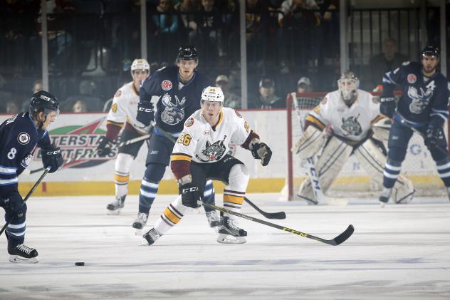 Chicago Wolves Defend Their Goal vs. the Manitoba Moose