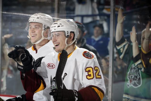 Chicago Wolves Konrad Abeltshauser and Ivan Barbashev Watch the Action vs. the Manitoba Moose