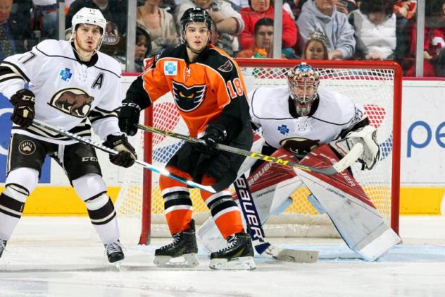 Lehigh Valley Phantoms in Front of the Hershey Bears Net