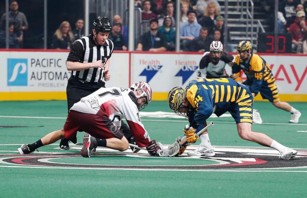 Jordan MacIntosh of the Georgia Swarm and the Colorado Mammoth Face Off
