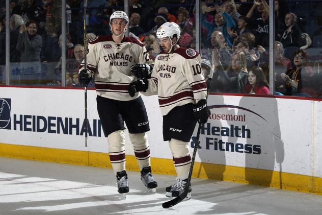 Chicago Wolves Konrad Abeltshauser and Zach O'Brien Celebrate vs. the Lake Erie Monsters