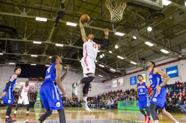 Jordan Mickey of the Maine Red Claws Skies toward the Rim