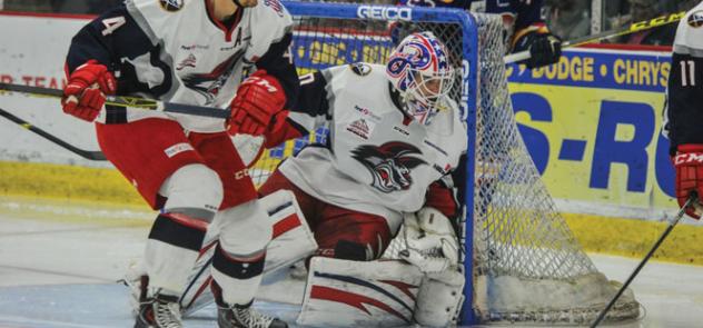 Elmira Jackals Goaltender C.J. Motte Blocks the Net