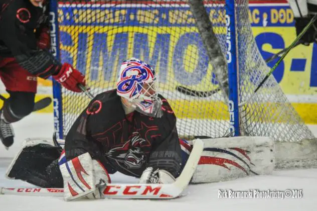 Elmira Jackals Goaltender C.J. Motte Sprawls to Block the Net