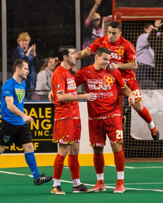 Vini Dantas, Tony Donatelli, and Juan Pereira of the Baltimore Blast Celebrate a Goal