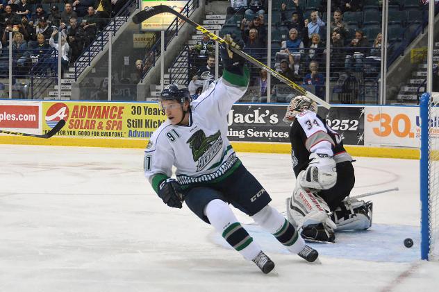 Maxime St-Cyr of the Florida Everblades Celebrates his Goal against the Brampton Beast