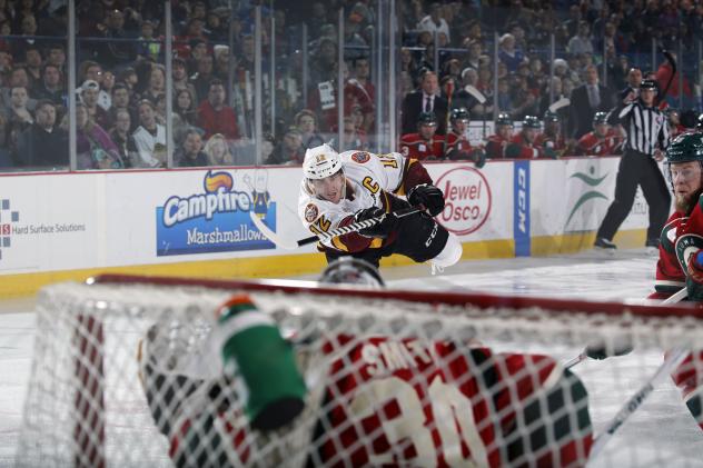 Pat Cannone of the Chicago Wolves Fires a Shot vs. the Iowa Wild