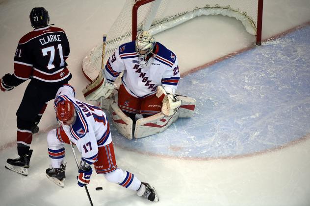 Kitchener Rangers Protect the Net against the Saginaw Spirit