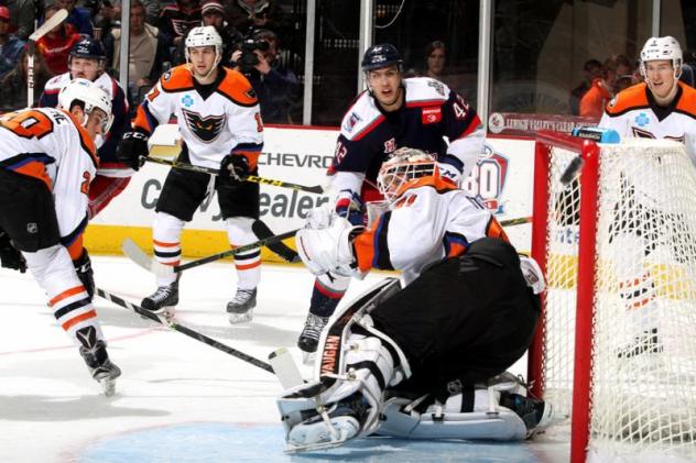 Lehigh Valley Phantoms Defend the Goal against the Hartford Wolf Pack