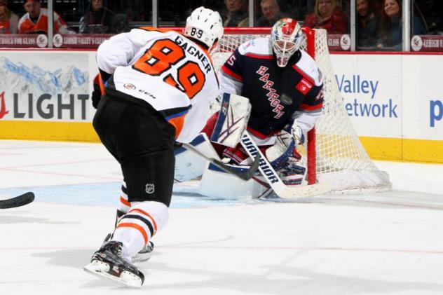Sam Gagner of the Lehigh Valley Phantoms Shoots on the Hartford Wolf Pack Goal