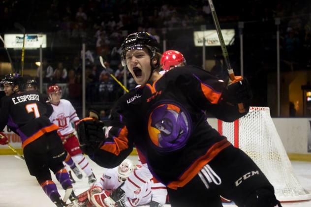 Youngstown Phantoms Defenseman Connor Moore Celebrates a Goal