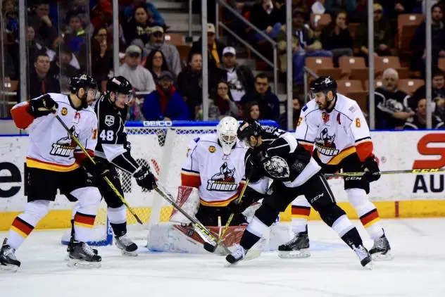 Manchester Monarchs Battle in Front of the Adirondack Thunder Goal