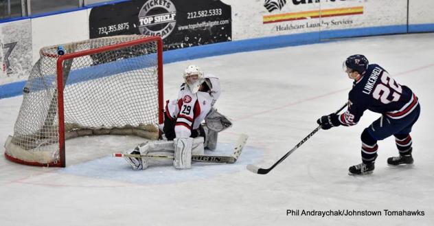 Casey Linkenheld of the Johnstown Tomahawks Scores vs. the New Jersey Jr. Titans