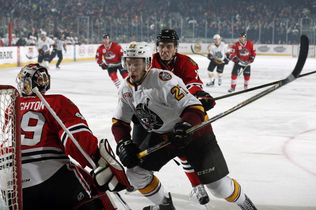 Chicago Wolves C Pat Cannone in Front of the The Rockford IceHogs Goal