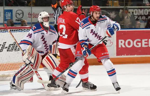 Kitchener Rangers Defend their Goal vs. the Sault Ste. Marie Greyhounds