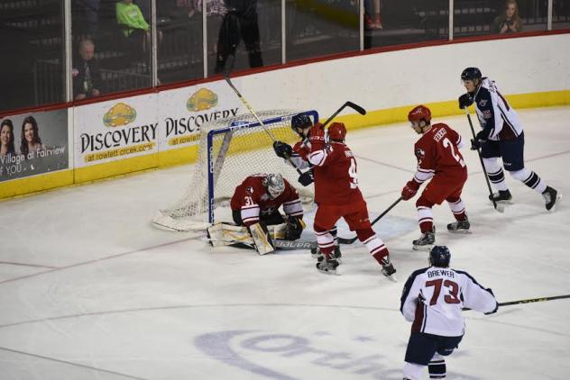 Allen Americans Goaltender Peter Di Salvo Defends vs. the Tulsa Oilers