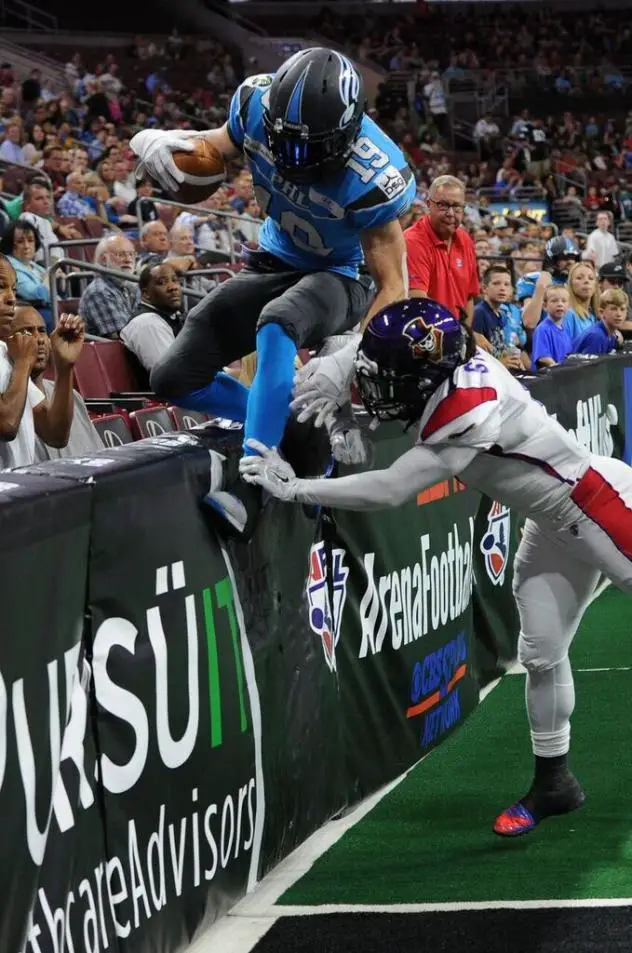 Ryan McDaniel of the Philadelphia Soul up against the Boards