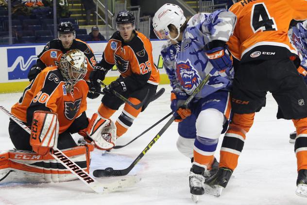 Lehigh Valley Phantoms Block their Goal from the Bridgeport Sound Tigers