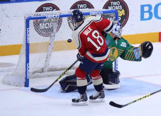 Curtis Valk of the Kalamazoo Wings Scores against the Toledo Walleye