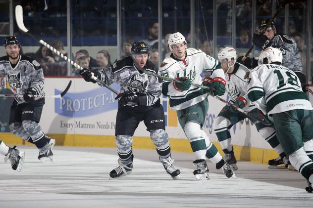Chicago Wolves C Pat Cannone in amongst the Iowa Wild