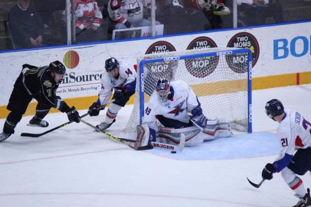 Kalamazoo Wings Goaltender Joel Martin stops the Toledo Walleye