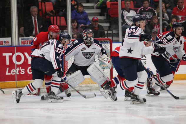 Tri-City Americans Goaltender Evan Sarthou Clogs the Net vs. the Spokane Chiefs