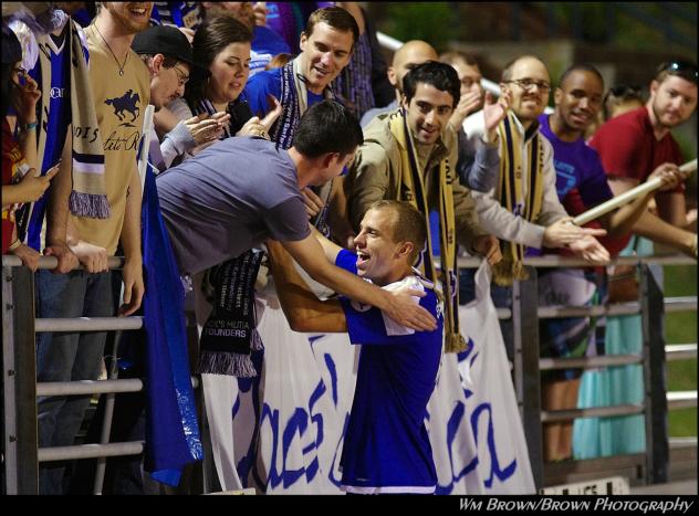 Patrick Slogic Celebrates with Charlotte Independence Fans