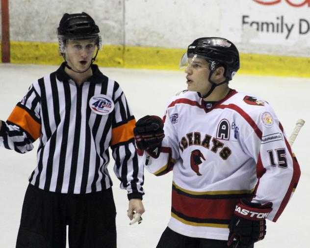 Corpus Christi IceRays Defenseman Trevor Heuser Talks with an Official