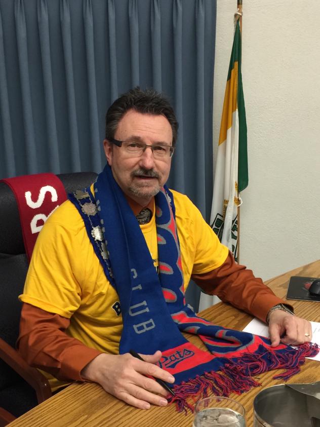 Brandon, Manitoba Mayor Rick Chrest Wearing a Regina Pats Scarf