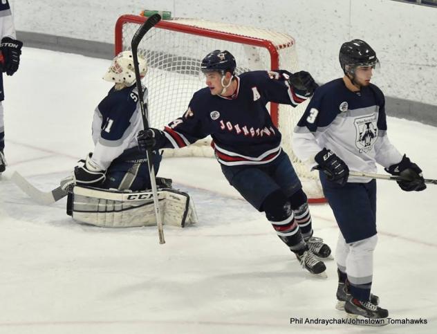 Johnstown Tomahawks Forward Drew Doyon Celebrates Niko Coffman's First Period Goal