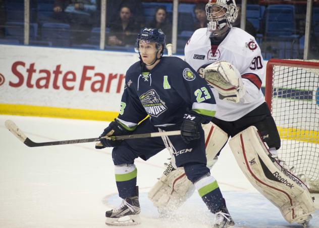 Blake Gober of the Bloomington Thunder in Front of the Chicago Steel Net