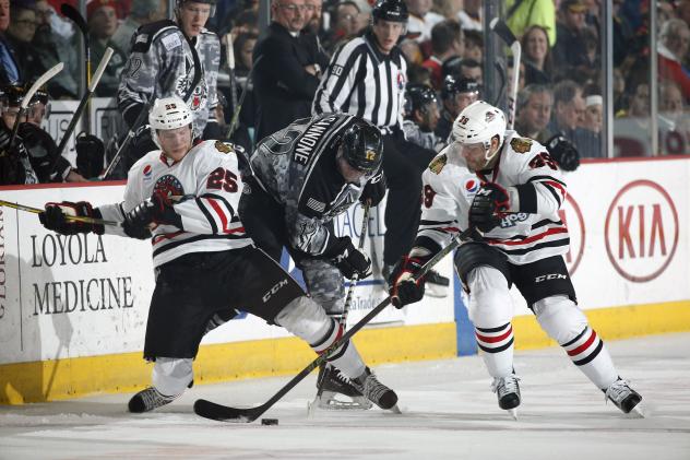 Chicago Wolves C Pat Cannone Battles Two Rockford IceHogs for the Puck