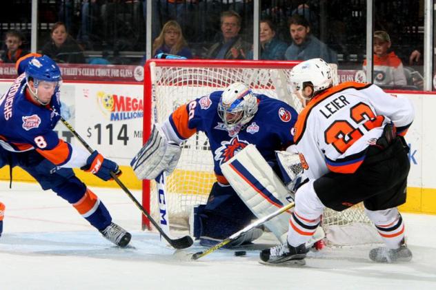 Lehigh Valley Phantoms LW Taylor Leier Tries to Score vs. the Bridgeport Sound Tigers