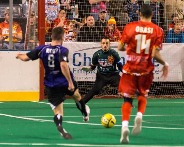 Baltimore Blast Goalkeeper William Vanzela Prepares to Smother a Harrisburg Heat Shot