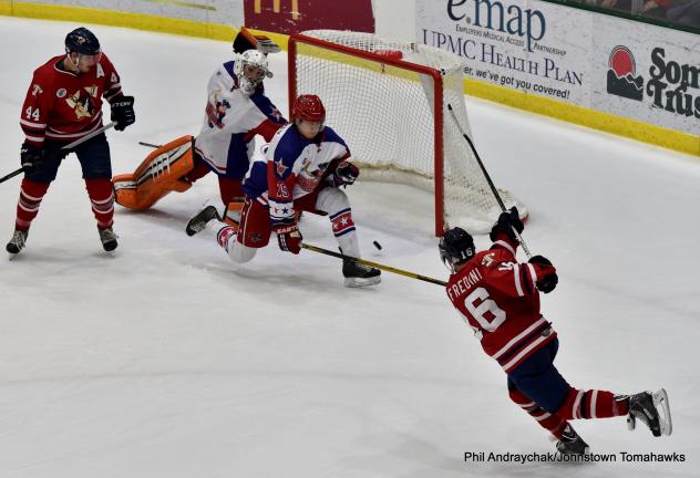 Tomahawks Defenseman Dante Suffredini Scores against the Aston Rebels