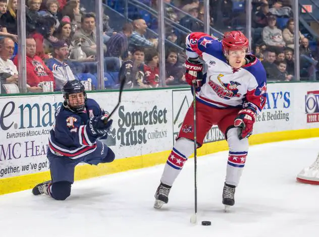 Johnstown Tomahawks Forward Andrew Romano and Aston Rebels Defenseman Gvido Jansons