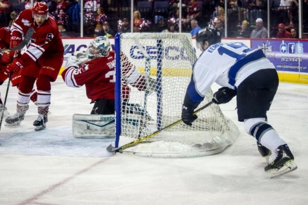 Kale Kerbashian of the Wichita Thunder Tries to Sneak in a Goal vs. the Allen Americans