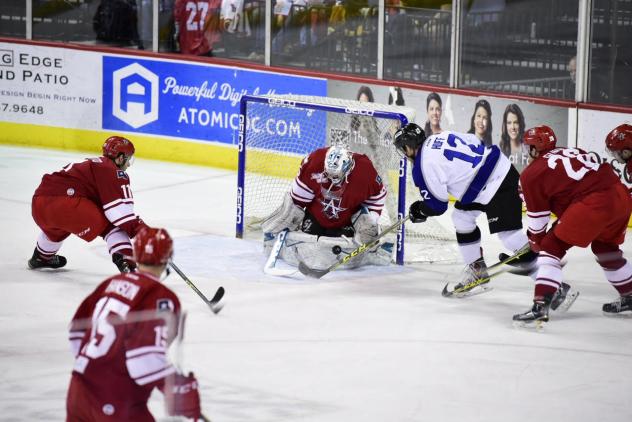 Allen Americans Goaltender Joel Rumpel Makes a Save against the Wichita Thunder
