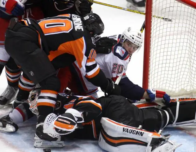 Lehigh Valley Phantoms Scramble to Keep the Hartford Wolf Pack from Scoring