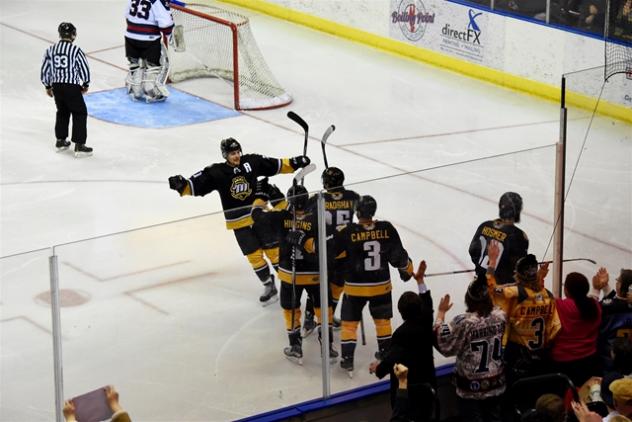 Mississippi RiverKings Celebrate a Goal vs. the Macon Mayhem February 27
