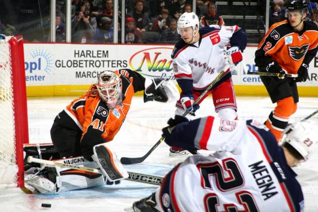 Lehigh Valley Phantoms Goaltender Anthony Stolarz Turns away a Hartford Wolf Pack Shot