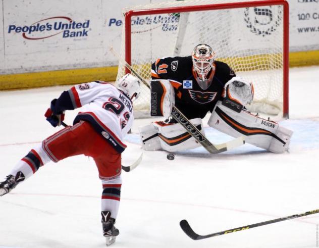 Lehigh Valley Phantoms Goaltender Anthony Stolarz Faces a Hartford Wolf Pack Shot