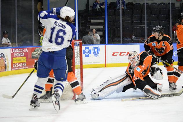 Lehigh Valley Phantoms Goaltender Anthony Stolarz Minds the Crease against the Syracuse Crunch