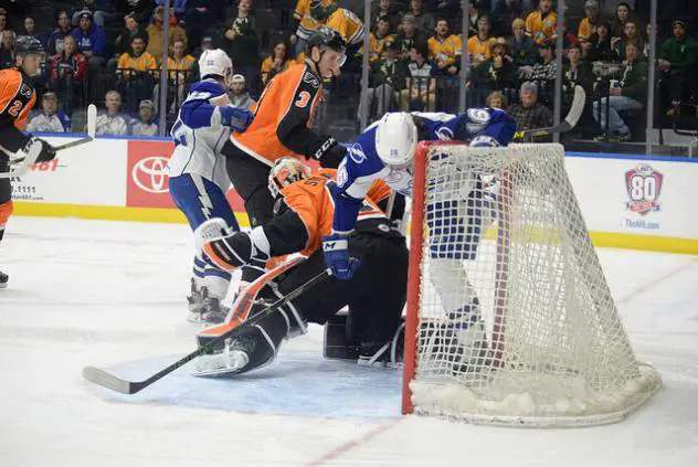 Lehigh Valley Phantoms Goaltender Anthony Stolarz Stops the Onrushing Syracuse Crunch